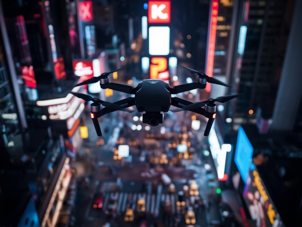 A drone flying over a bustling Times Square at night,
