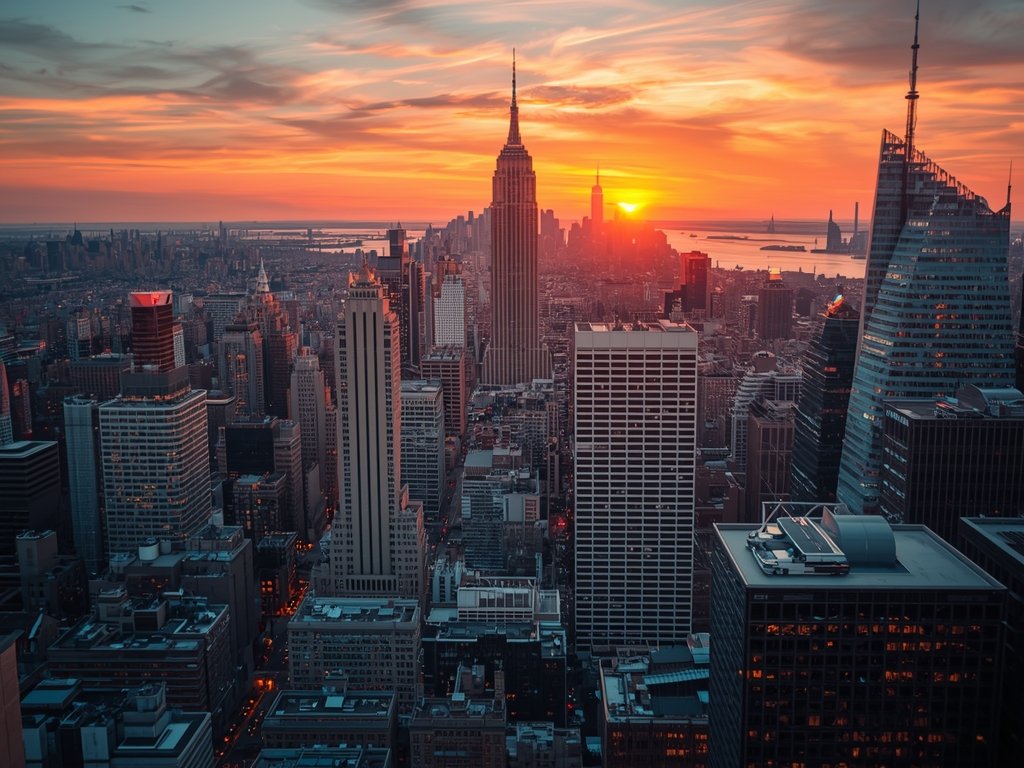A drone flying over a bustling cityscape at sunset, with