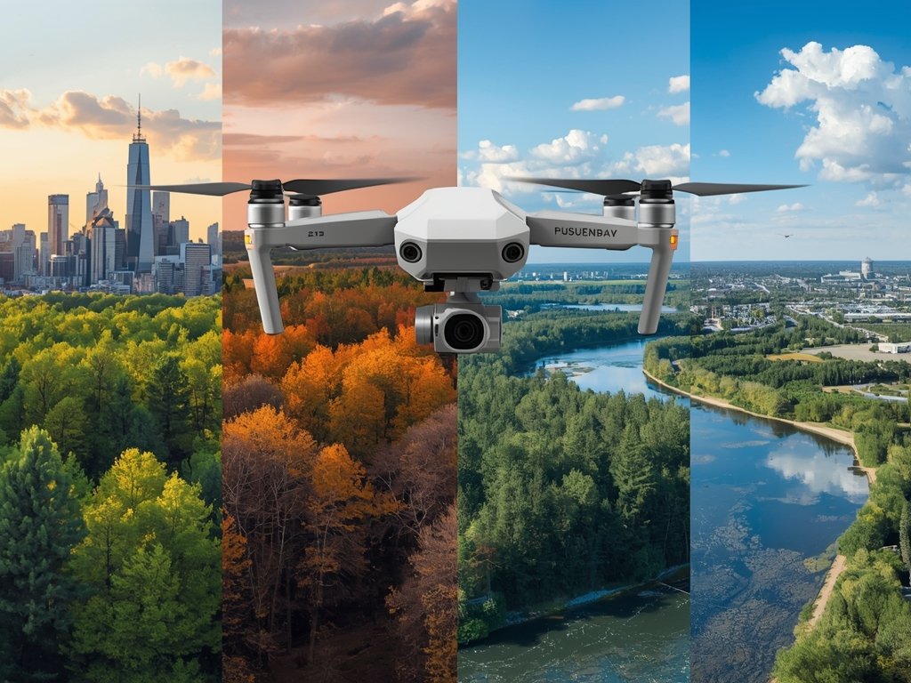 A drone flying over a diverse landscape, including a city