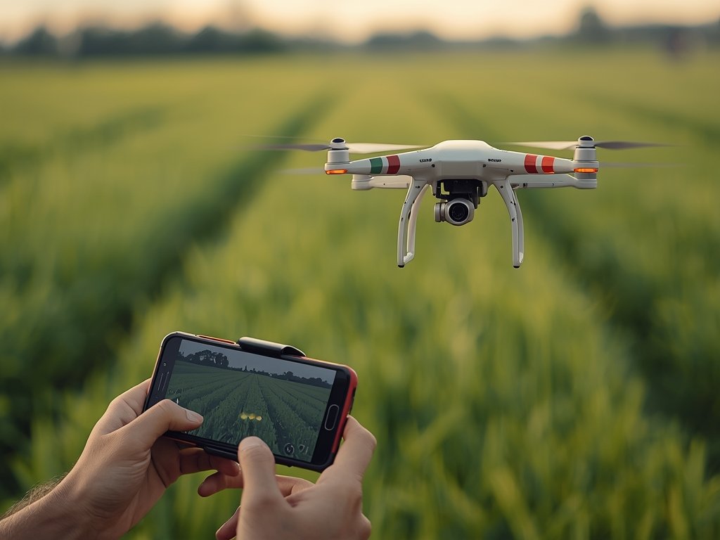 A drone flying over a lush green field, with a