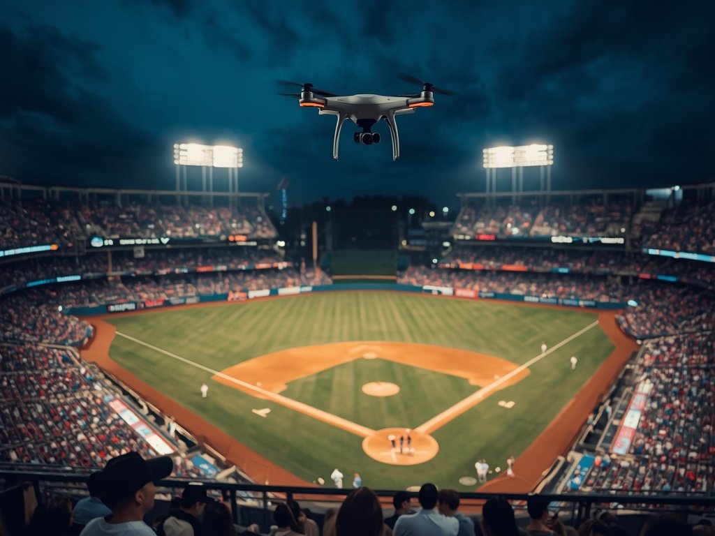 A drone flying over a packed baseball stadium during a