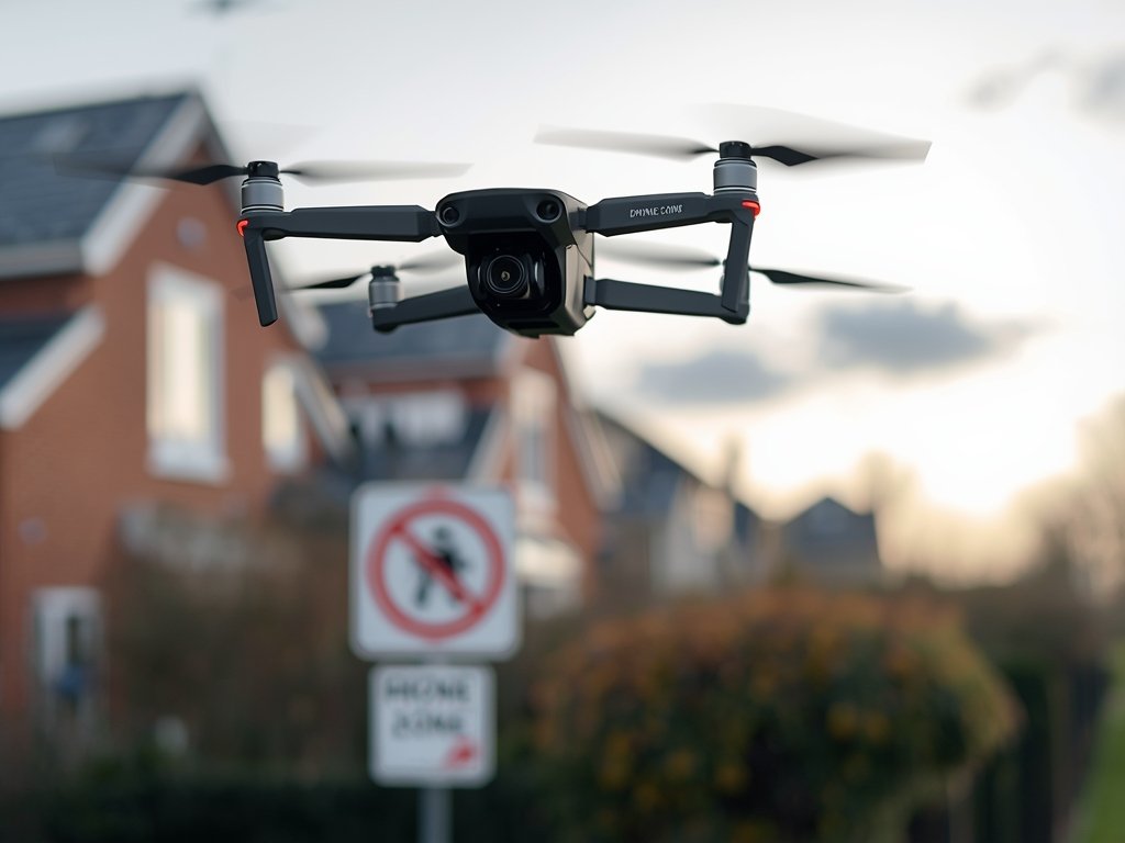 A drone flying over a residential area, with a "No
