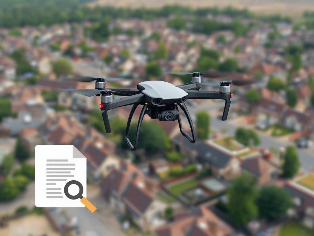 A drone flying over a residential area, with a small
