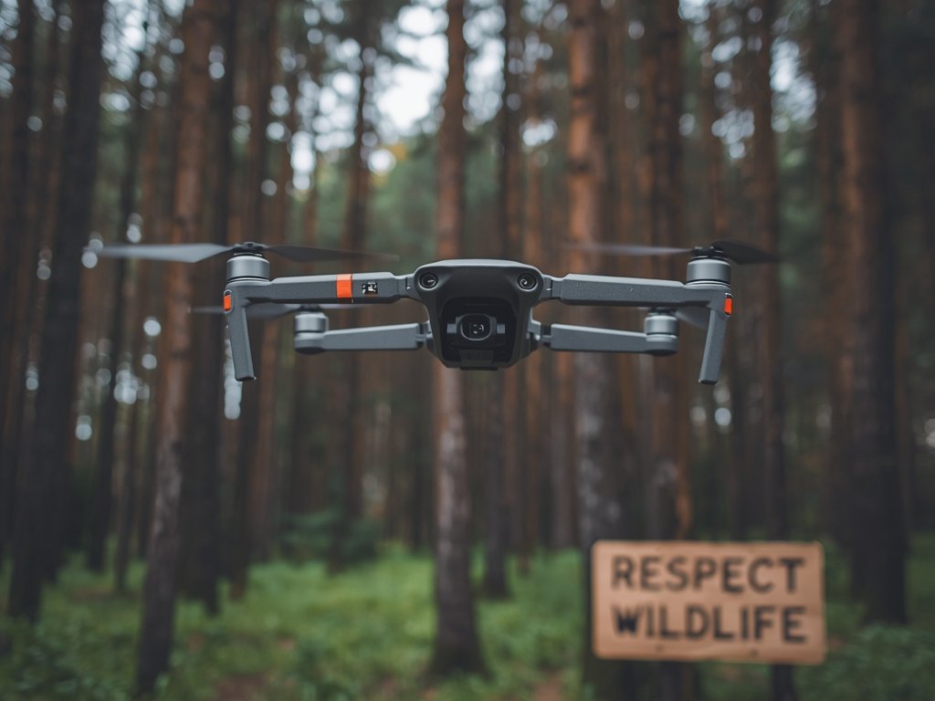 A drone flying over a serene forest, with a sign