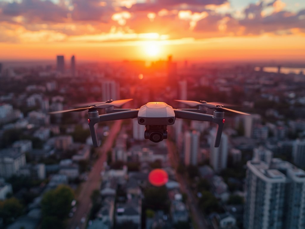 A drone flying over a sprawling urban landscape at sunset,