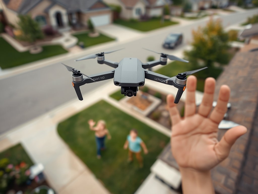 A drone flying over a suburban neighborhood with a family