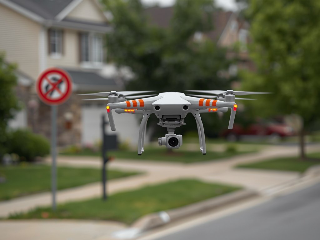 A drone flying over a suburban neighborhood, with a "No