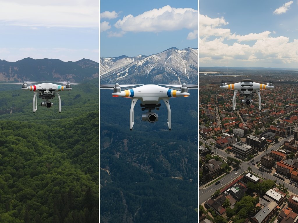 A drone flying over diverse American terrains, including forests, mountains,
