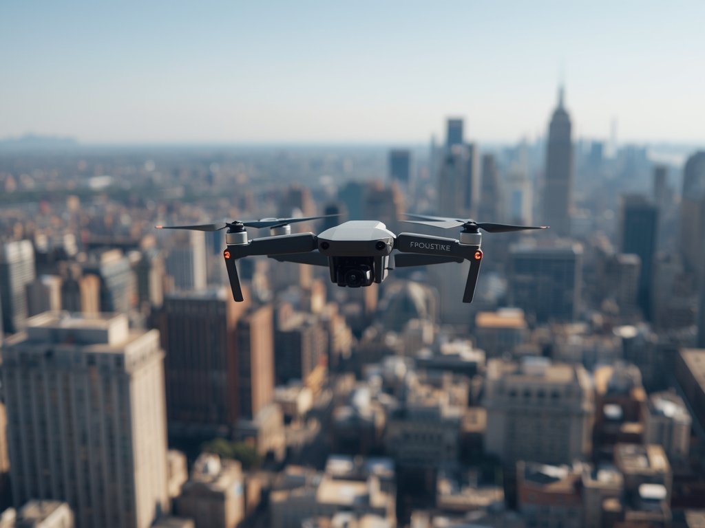 A drone flying through a cityscape, with skyscrapers and urban