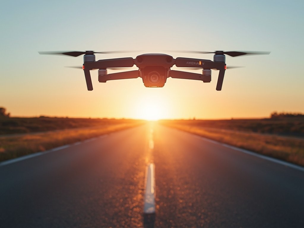 A drone flying towards a bright horizon, with a road