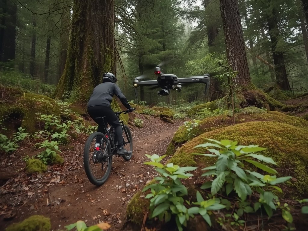 A drone following a mountain biker through a forest trail