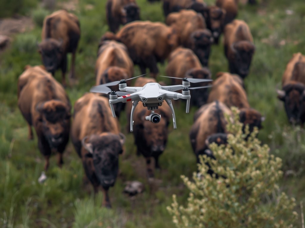A drone hovering above a herd of bison in Yellowstone