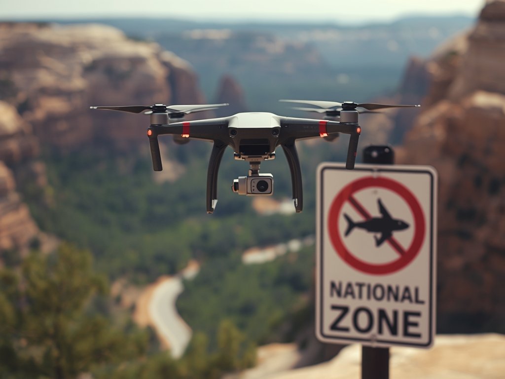 A drone hovering above a pristine national park, with a