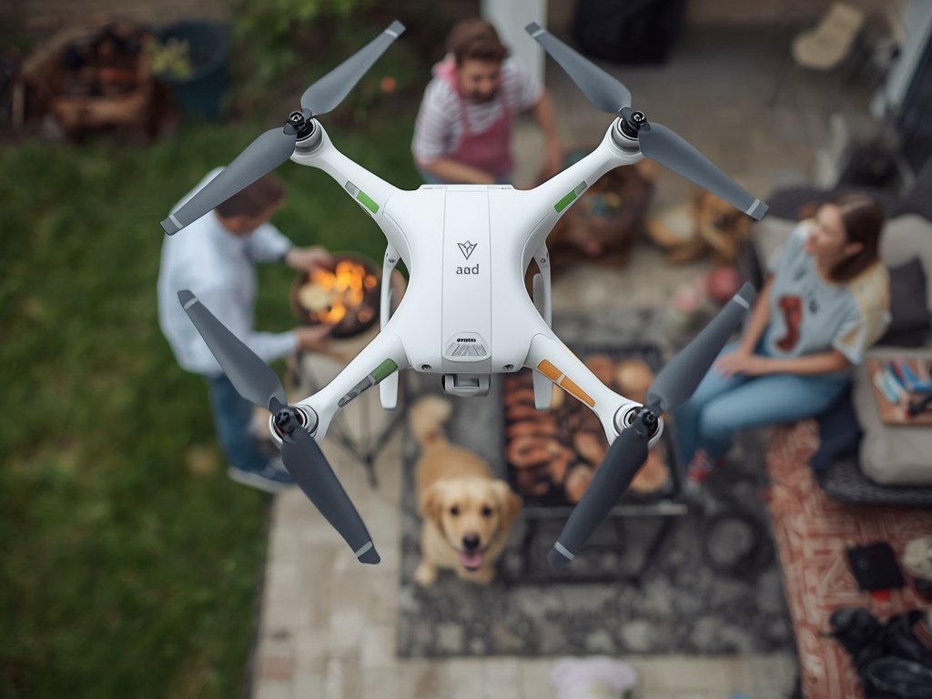 A drone hovering above a suburban backyard, capturing a bird's-eye