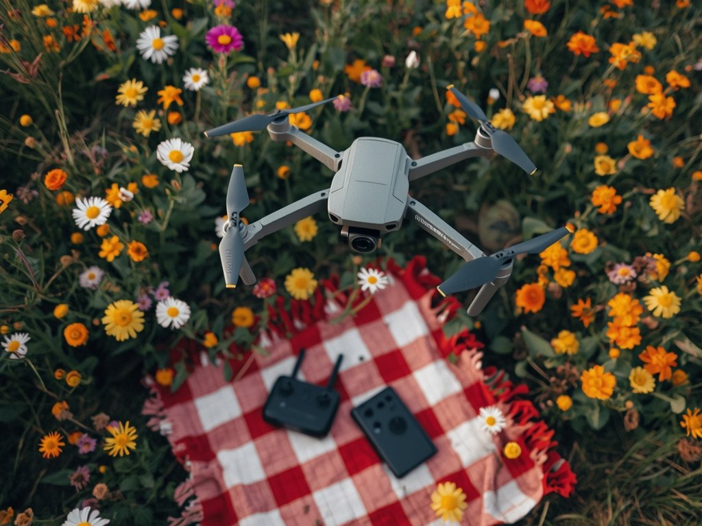 A drone hovering above a vibrant wildflower field in Texas,