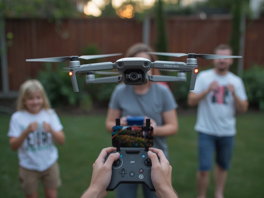A drone hovering in a backyard, with a pilot using
