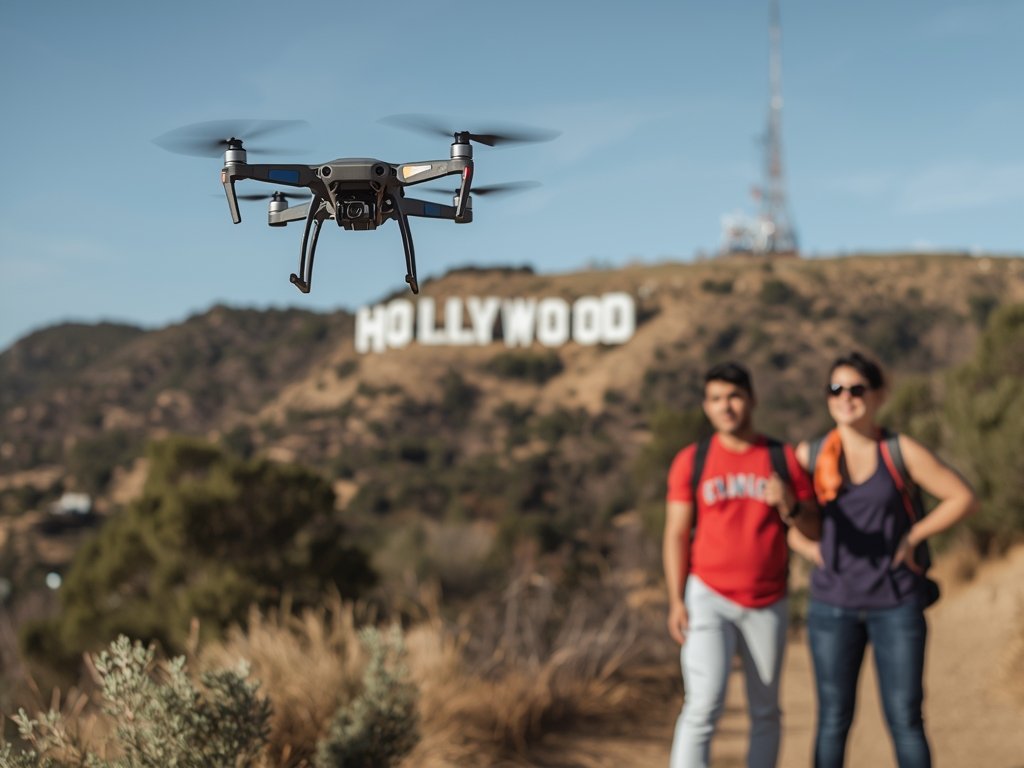 A drone hovering near the iconic Hollywood Sign, with a