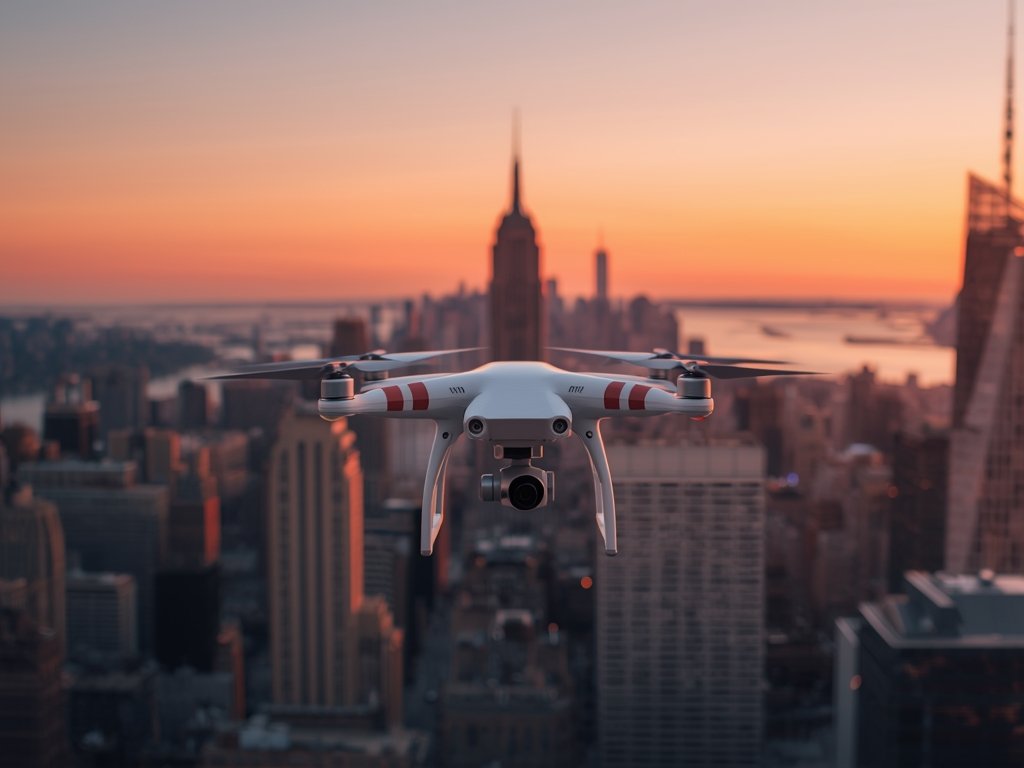 A drone hovering over a bustling cityscape at sunset, with