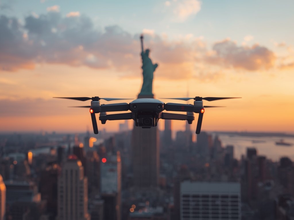 A drone hovering over a bustling New York City skyline