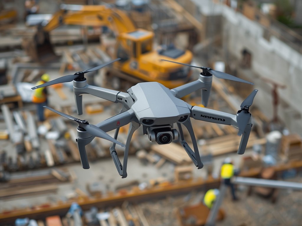 A drone hovering over a large construction site, capturing detailed