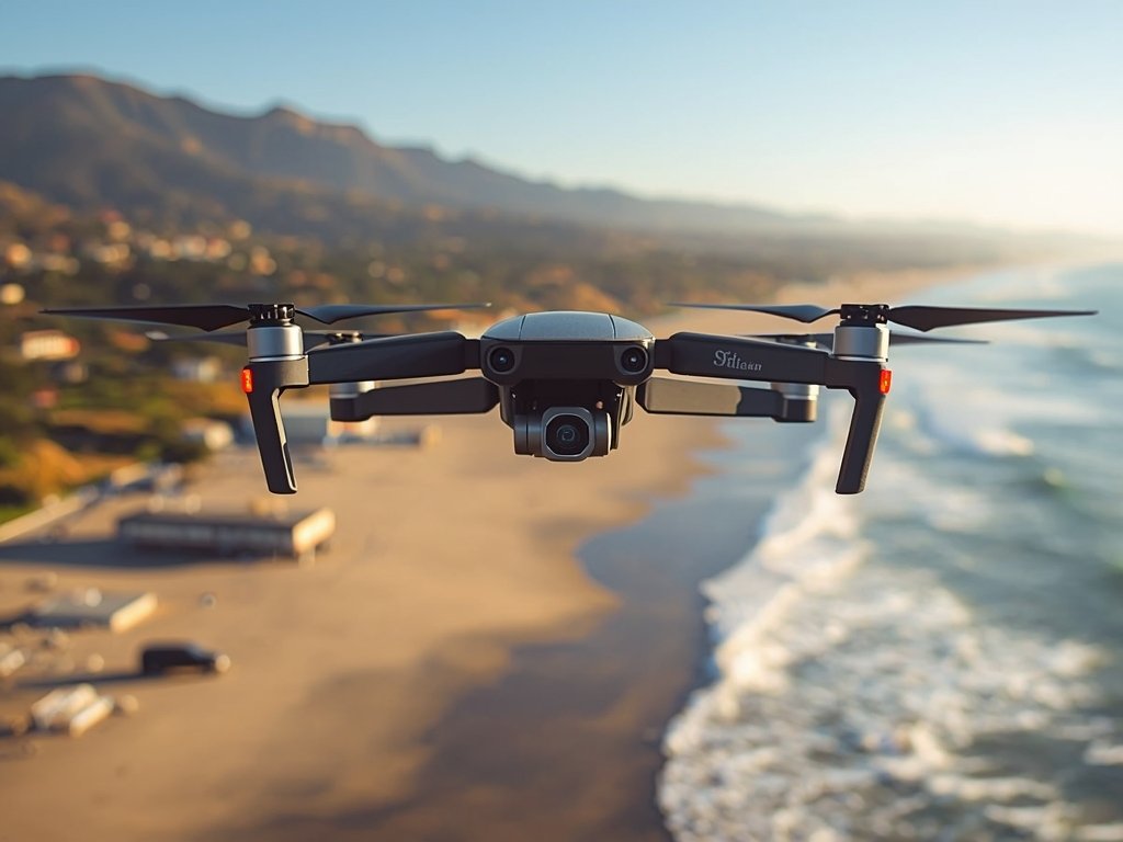 A drone hovering over a picturesque California beach, with a