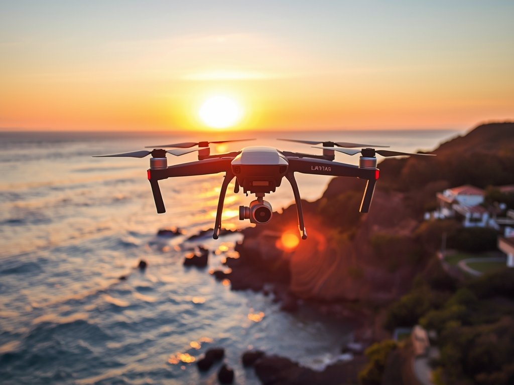 A drone hovering over a picturesque coastal property, capturing a
