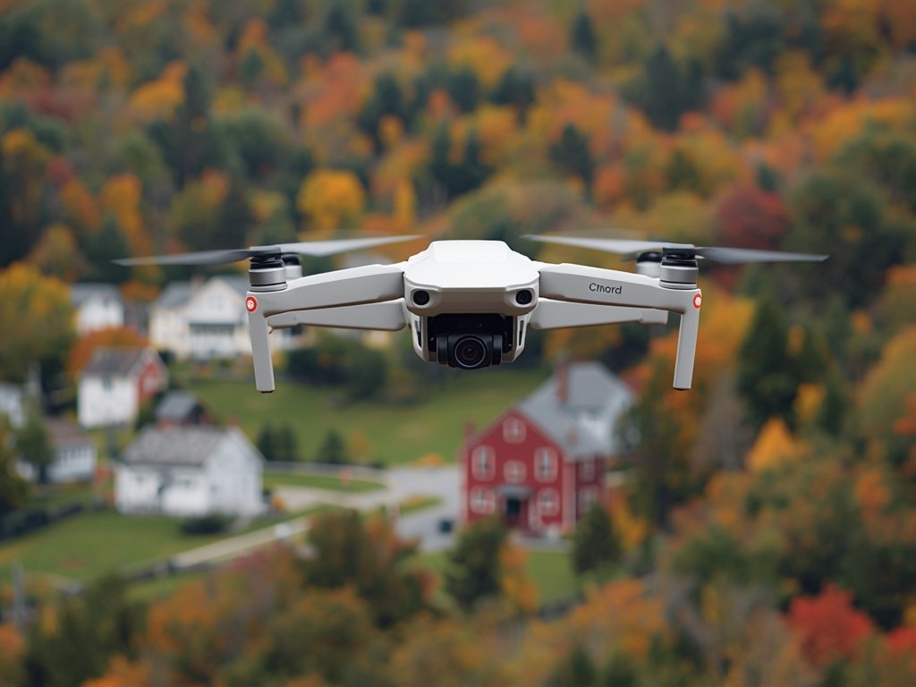 A drone hovering over a picturesque New England village, surrounded