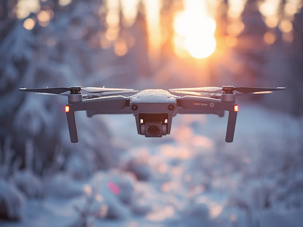 A drone hovering over a snow-covered forest in the early