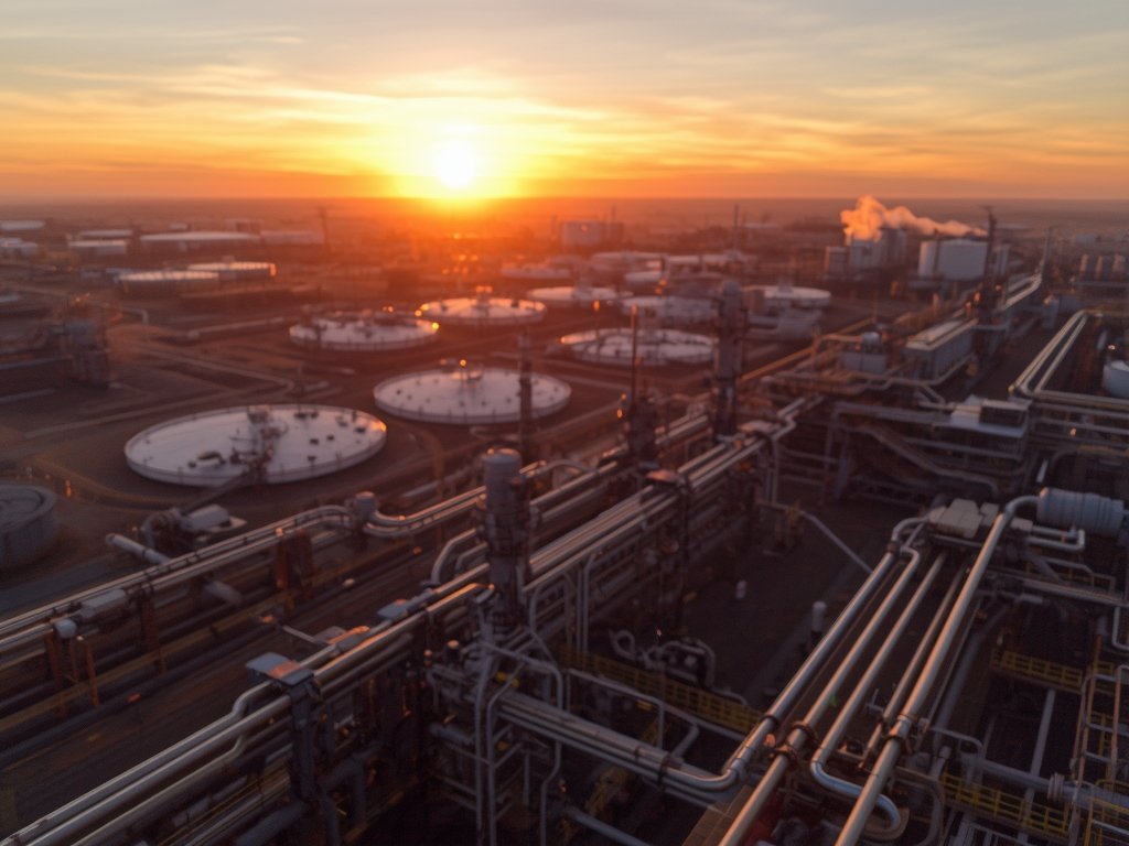 A drone hovering over a sprawling oil refinery at sunset,