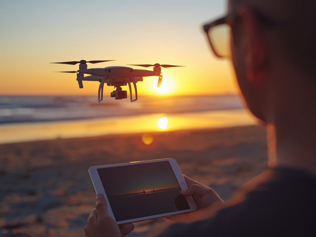 A drone hovering steadily above a beach at sunset, with