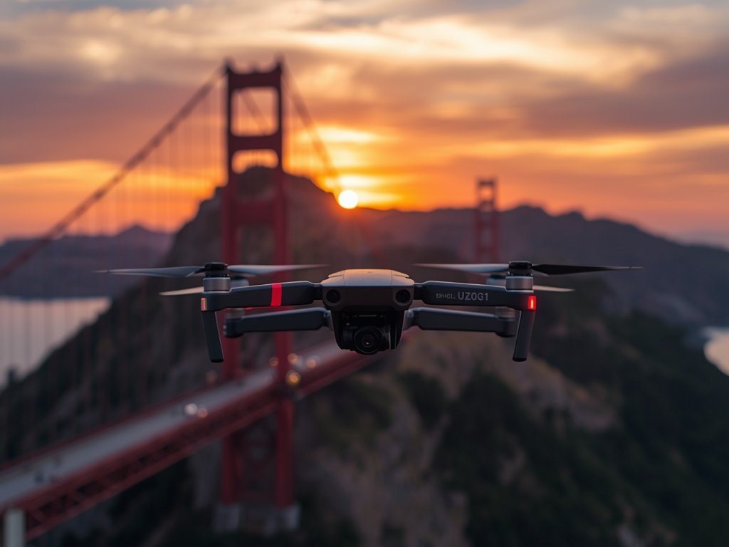 A drone in flight, capturing a stunning 4K sunset over