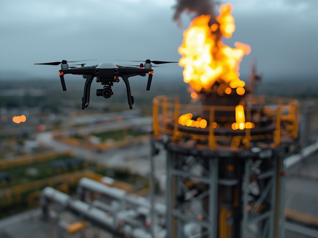A drone inspecting a flare stack at a natural gas