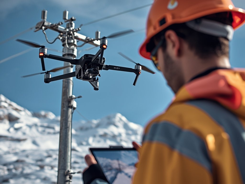 A drone inspecting a power line in a snowy mountainous