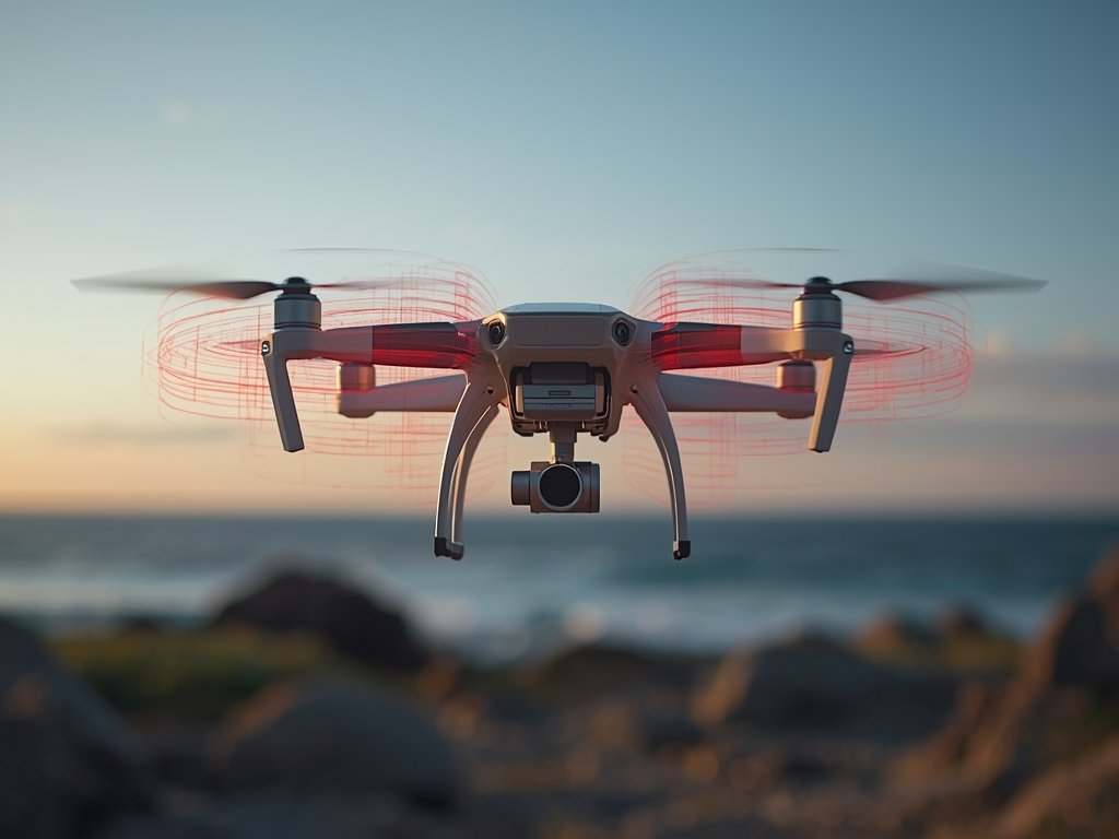 A drone mid-flight, with a visual representation of vibration filters