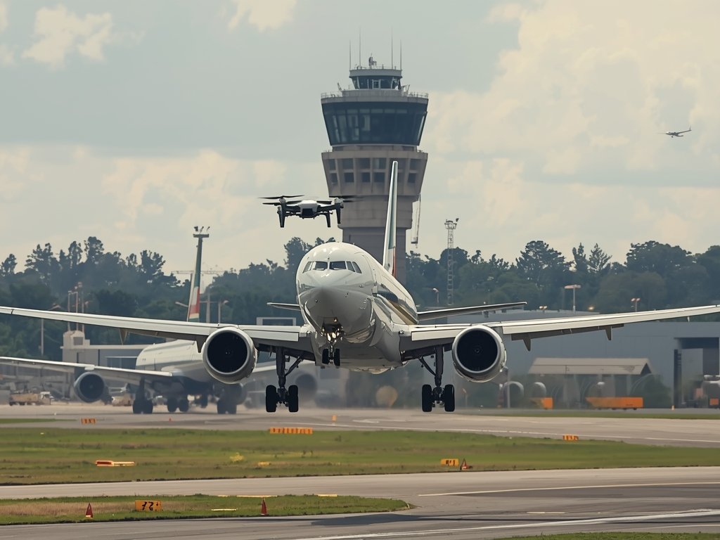 A drone narrowly missing a passenger jet during takeoff at