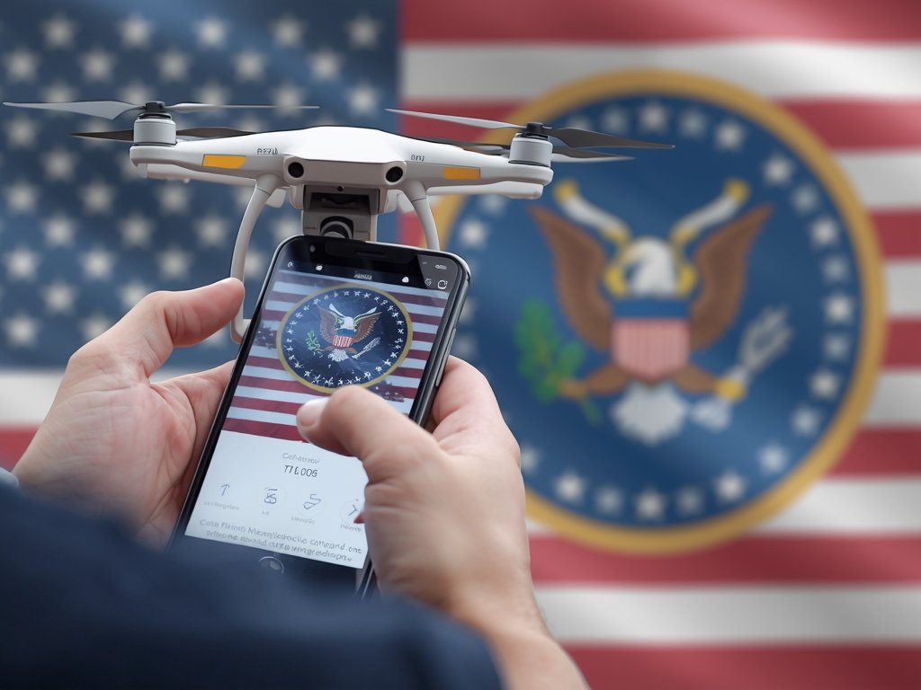 A drone operator checking a smartphone app for flight restrictions,