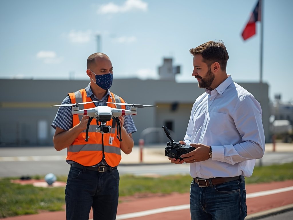 A drone operator consulting with a FAA representative, highlighting the