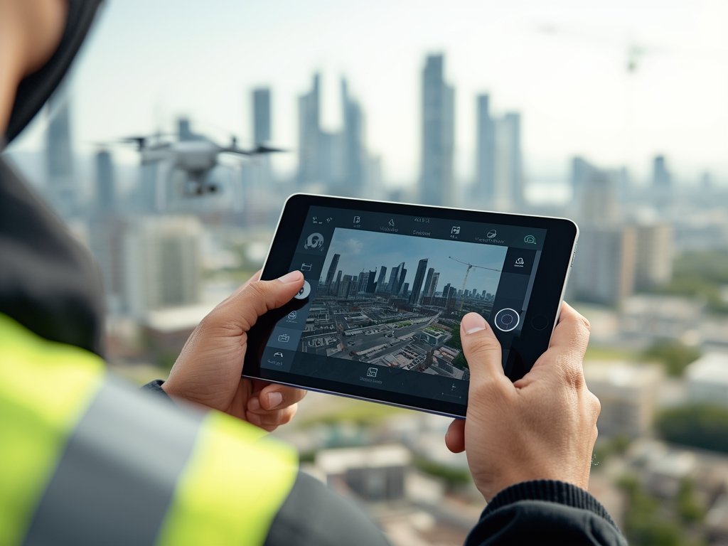A drone operator controlling a drone with a tablet, showcasing