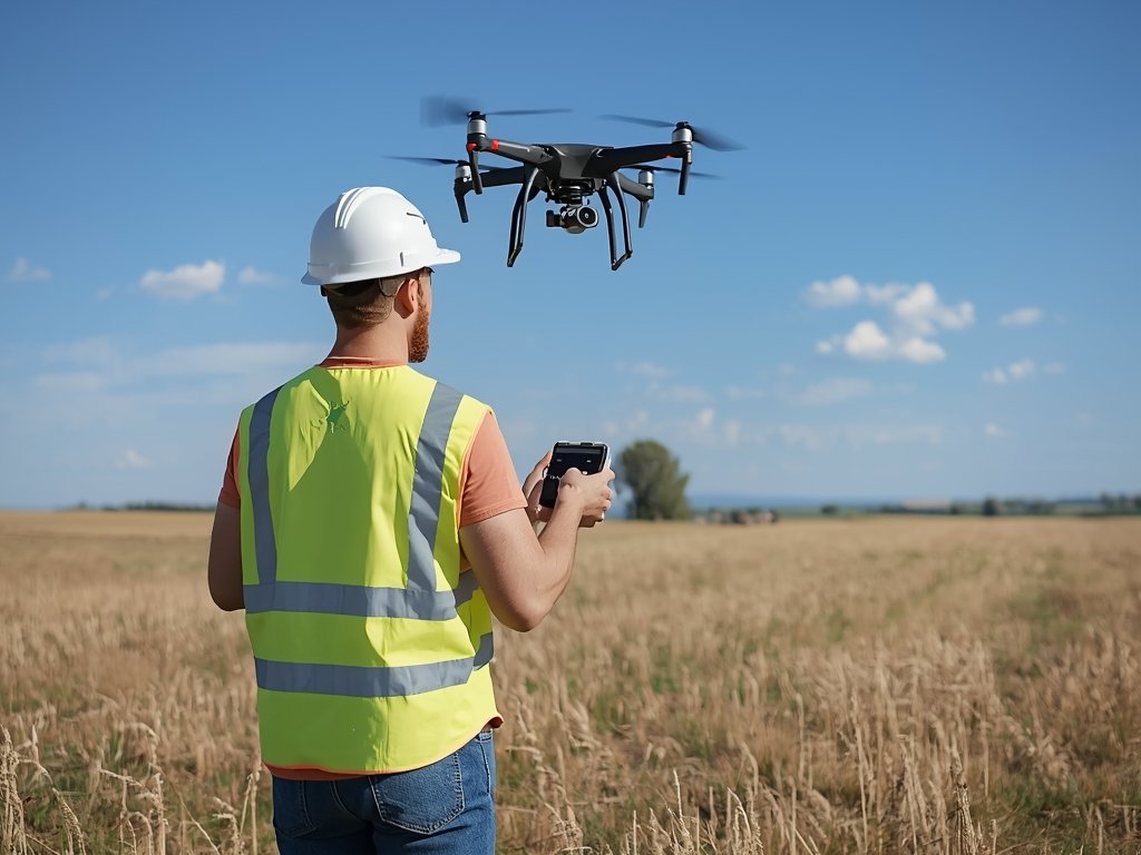 A drone operator in a safety vest launching a drone