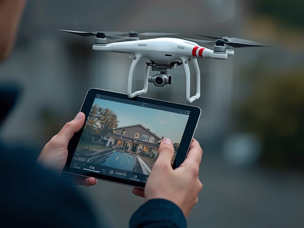 A drone operator using a tablet to control a drone,
