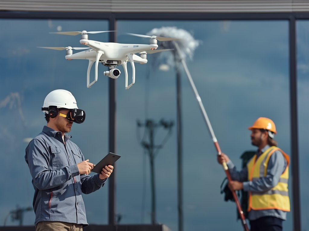 A drone operator, wearing a headset and controlling a drone