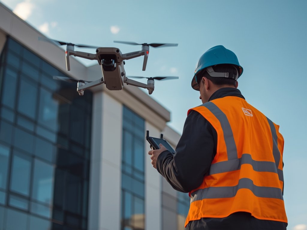 A drone operator wearing a safety vest, controlling a drone