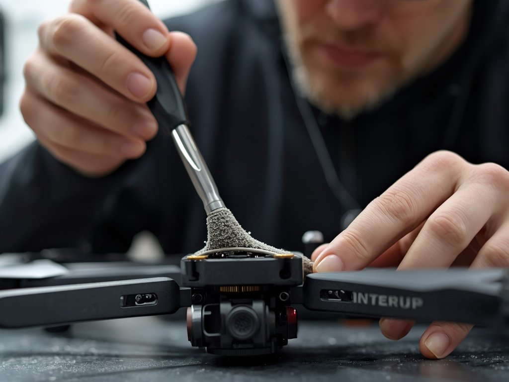 A drone pilot carefully cleaning and inspecting their FPV drone