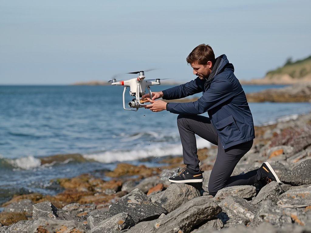 A drone pilot carefully launching a waterproof drone from a