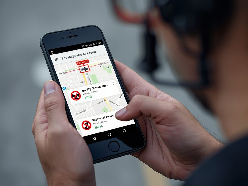 A drone pilot checking a smartphone app displaying a map