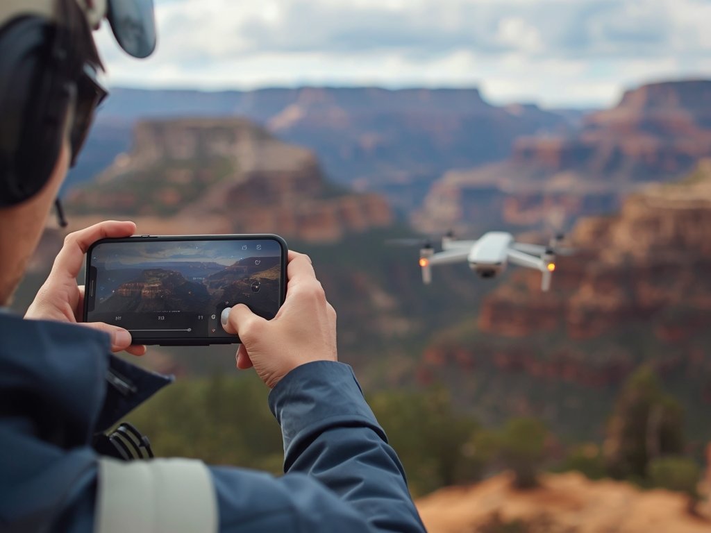 A drone pilot checking a smartphone app for airspace restrictions