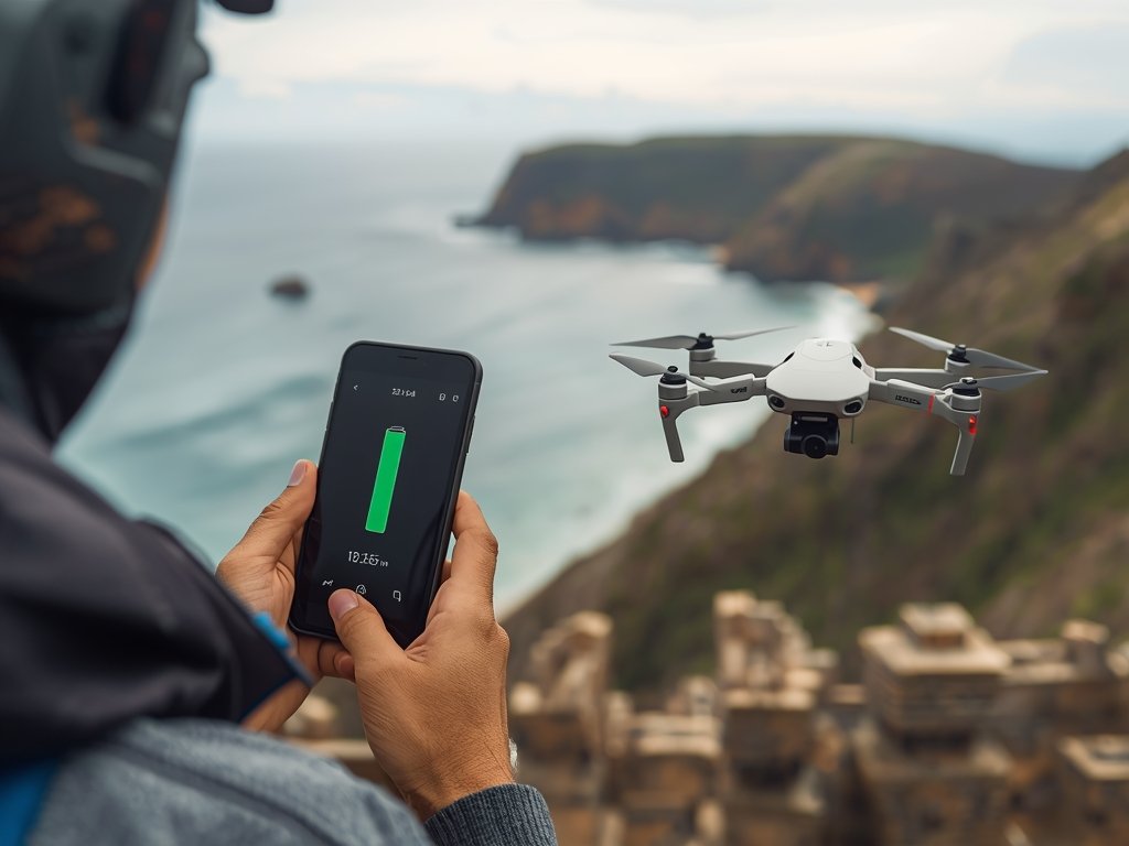A drone pilot checking their drone's battery level on a