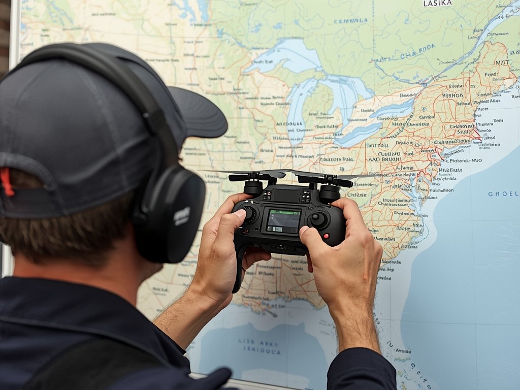 A drone pilot consulting a map with no-fly zones marked,