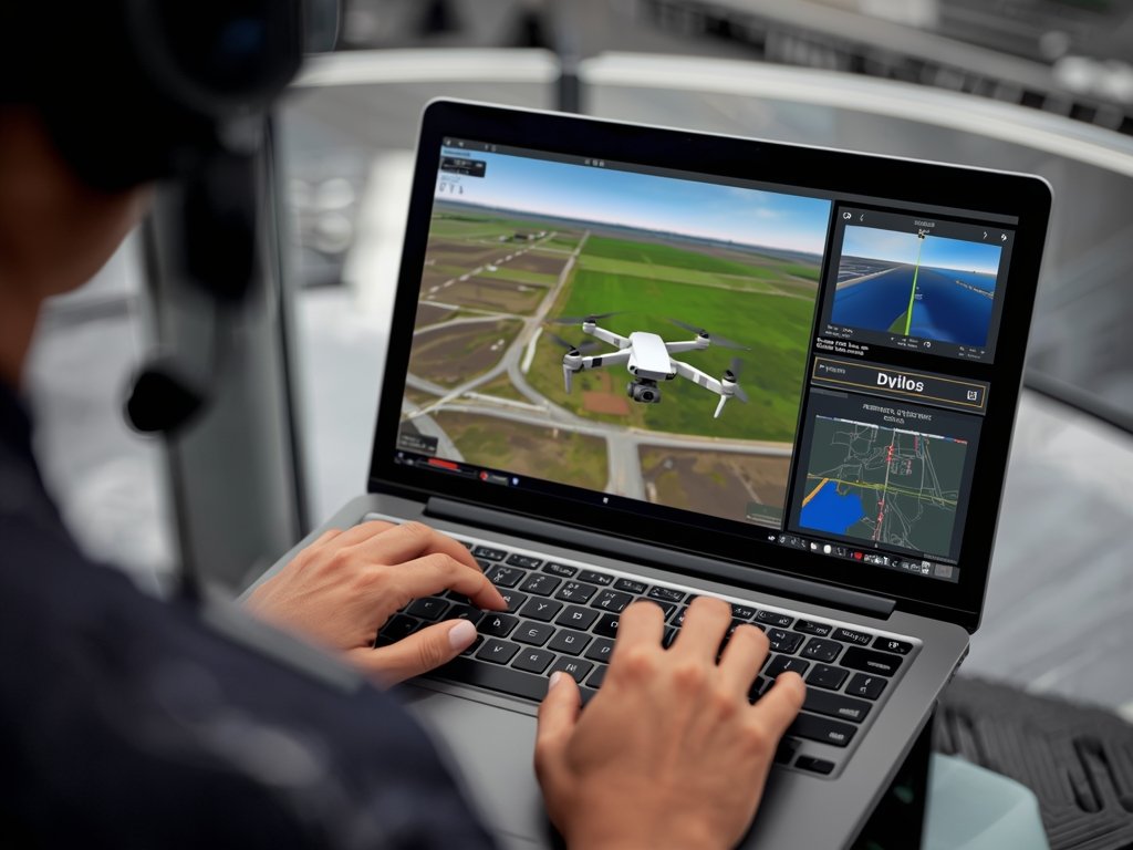 A drone pilot meticulously planning a BVLOS flight on a