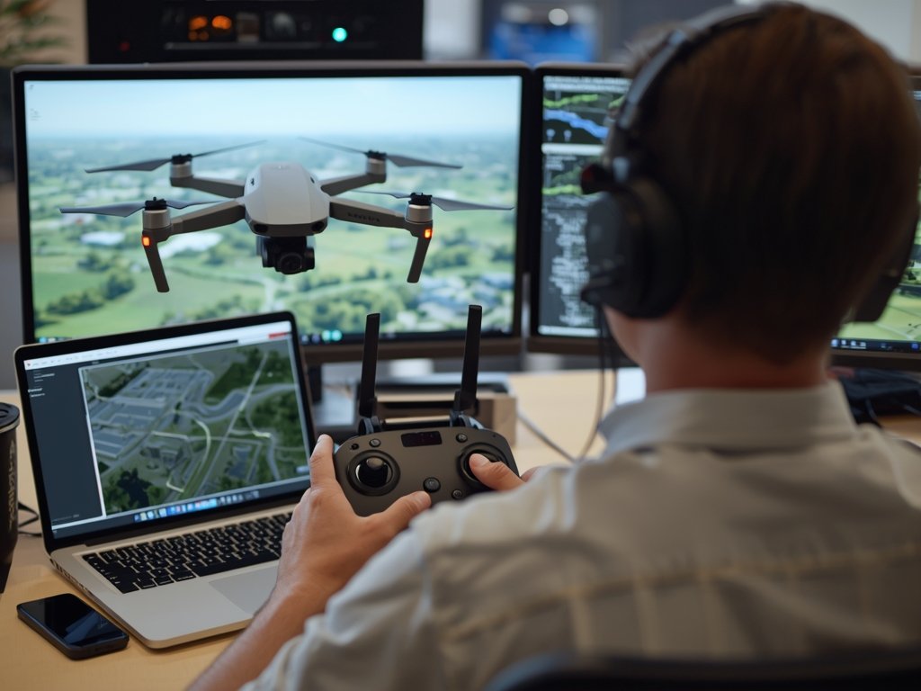 A drone pilot operating a drone from a control station,